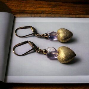 Gold and Violet Heart Earrings